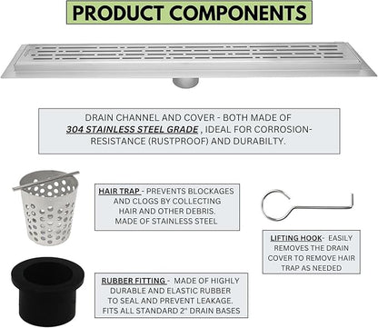 SereneDrains 304 Stainless Steel Brushed Nickel Linear Shower Drain Kit Broken Lane Linear Shower Drains for Tile Floor Long Hair Catcher Strainer Grate Cover Bathroom (Brushed Nickel, 16 Inch)
