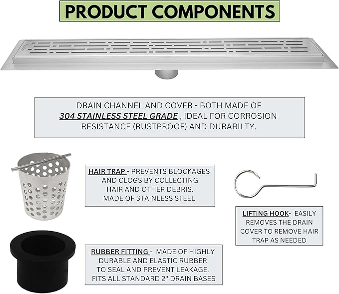 SereneDrains 304 Stainless Steel 48 Inch Brushed Nickel Linear Shower Drain Kit Broken Lane Linear Shower Drains for Tile Floor Long Hair Catcher Strainer Cover Bathroom (Brushed Nickel, 47 Inch)