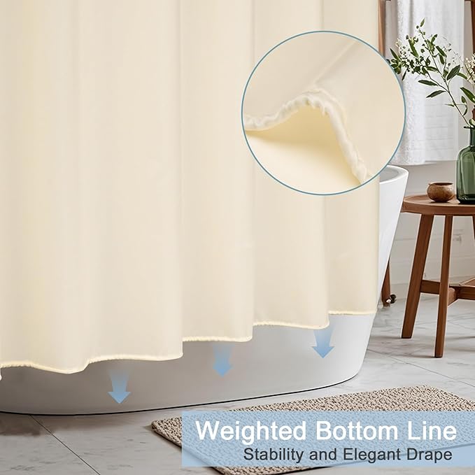 AooHome Extra Long Fabric Shower Curtain, Polyester Solid Shower Curtain Liner for Hotel with Hooks, Weigthed Bottom, Water Repellent, Beige, 72x78 Inch