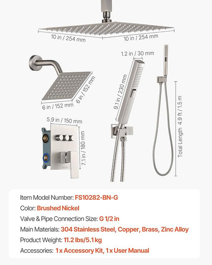VEVOR Shower Faucet Set, 10 Inch Ceiling Mount Rainfall Shower System with 6 Inch Wall Mount Head and 2 in 1 Handheld Spray, Rotatable 3-Function Dual Rain Head Brass Valve & Trim Kit, Brushed Nickel