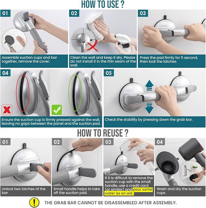 TAILI Grab Bars for Bathtubs and Showers, Shower Handles for Elderly Suction,Maximum 330lbs,Shower Grab Bar with Upgraded Rubber Suction Cups Safety Grip for Senior,No Drilling Removable,Silver