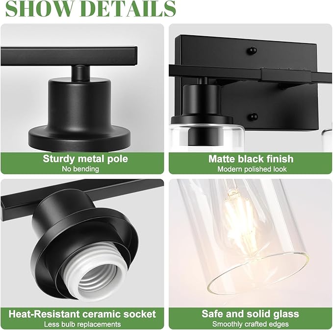 4-Light Bathroom Light Fixtures, Vanity Light with Clear Glass Shades, Matte Black Bathroom Light Fixtures Over Mirror, Modern Bathroom Wall Lamp for Mirror Living Room Cabinet Bedroom
