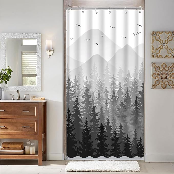 Aipon Black Misty Forest Shower Curtain Gray Ombre Nature Tree Plants Shower Curtains Fabric Waterproof Mountain Shower Curtain Sets for Bathroom Bath Decor (Black, 36'' × 72'')