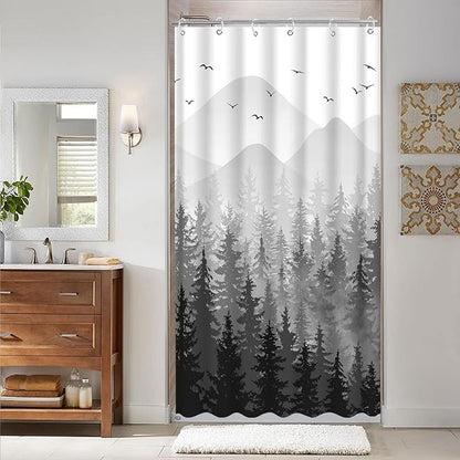 Aipon Black Misty Forest Shower Curtain Gray Ombre Nature Tree Plants Shower Curtains Fabric Waterproof Mountain Shower Curtain Sets for Bathroom Bath Decor (Black, 36'' × 72'')