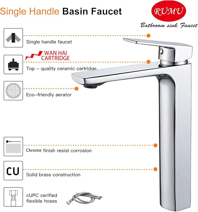 VOTON Chrome Vessel Sink Faucet Tall Single Handle Bathroom Vanity Sink Faucet, Rv Bathroom Faucets Lavatory Vessel Faucet Basin Mixer Tap, Solid Brass 1.2 GPM