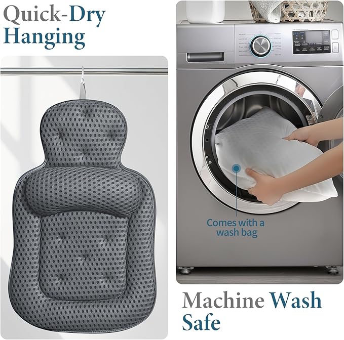 Bath Pillows for Tub, Cozy Bathtub Cushion for Head and Neck with Soft 3D Mesh Fabric and 54 Non-Slip Suction Cups, Relaxing Tub and Shower Accessories Spa Gift Gray Extra Thick