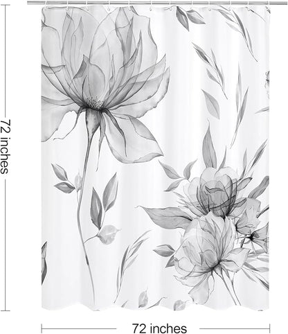 Grey Boho Watercolor Floral Shower Curtain, Ink Painting Style Blossom & Leaf Shower Curtains for Chic Elegant Bathroom, Artistic Fabric Cloth Flower Shower Curtain, 72x72