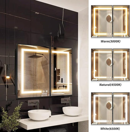 APRILSOUL 36X30 Inch Black Bathroom Medicine Cabinet with Mirror, Recessed or Surface Lighted Medicine Cabinet with 3 Colors Temperature, Dimmable Light