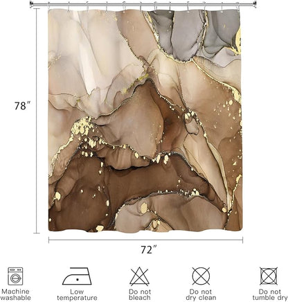Long Shower Curtain 72 x 78 Inch, Tall Abstract Marble Shower Curtains for Bathroom Decor, Modern Luxury Art Decor Ink Texture Fabric Shower Curtain Set with Hooks, Brown