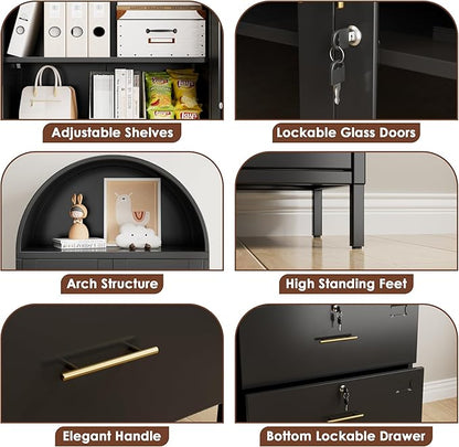 73''H Metal Arch File Cabinet, Black Arched Bookcase with Locking Glass Doors and Drawers,Filing Cabinet for Home Office,Assemble Required,Black