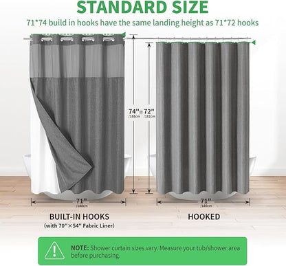No Hooks Needed Linen Textured Shower Curtain with Snap-in Fabric Liner Set,Hotel Luxury Decor Waterproof Shower Curtains for Bathroom with Mesh Top Window,Washable,71Wx74H,Charcoal Grey