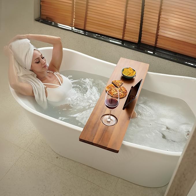 Tinamo Acacia Bathtub Caddy Tray Table | 35x9 Inch Large Bath Tub Tray Wooden | Anti-Tipping, Sustainable Tub Tray for Bathtub | Bathtub Accessories Holders for Bathtub (Acacia, 35x9)