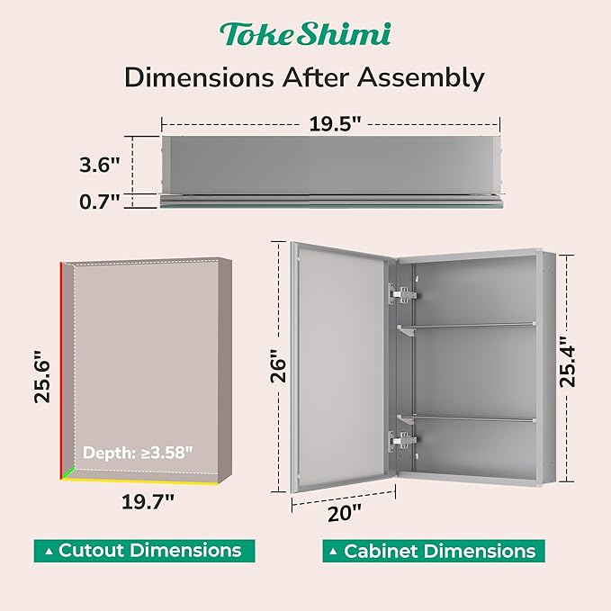 TokeShimi 20.1x26.1 Recessed Medicine Cabinet with Mirror Aluminum, Assembly Needed, Frameless, Stepless Adjustable Storage, Silver Medicine Cabinet Mirror