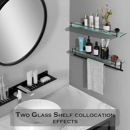 Towel Rack with Tempered Glass Shelf for Bathroom 24 Inch, Matte Black Towel Holder Wall Mount Storage Rustproof SUS304 Stainless Steel Towel Hanger