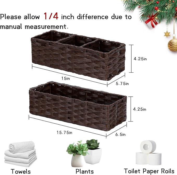 DULLEMELO Toilet Paper Basket for Organizing, Plastic Wicker Bathroom Baskets for Storage, Decorative Towel Baskets for Bathroom, Set of 2, Dark Coffee