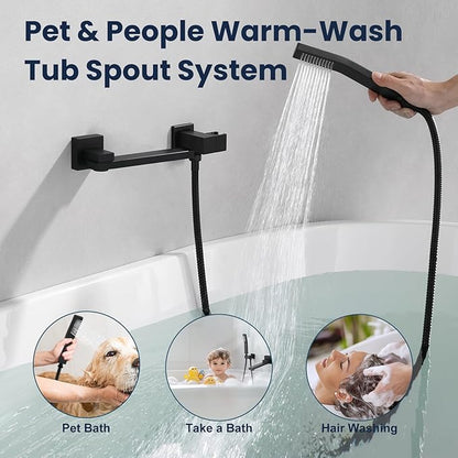 Wall Mount Bathtub Faucet Set Included 180°Swivel bathroom Tub Filler faucets and handheld Shower，high Flow Tub Spout with Solid Brass Push-button Diverter Pressure Balance Valve,Matte Black
