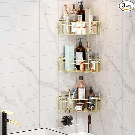 Gold corner shower caddies with depth caddy and Built in 12 hooks rustproof wall mounted No drilling No marring adhesive bathtub corner organizer for bathroom kitchen and laudry room