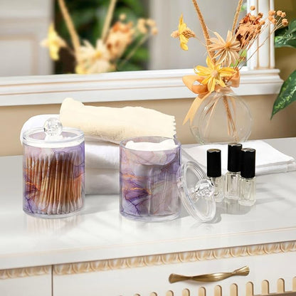 4 Pack Qtip Holder Organizer Dispenser Purple Transparent Waves Marble Bathroom Containers Bathroom Vanity Storage Canister Apothecary Jars for Cotton Swabs/Pads/Floss