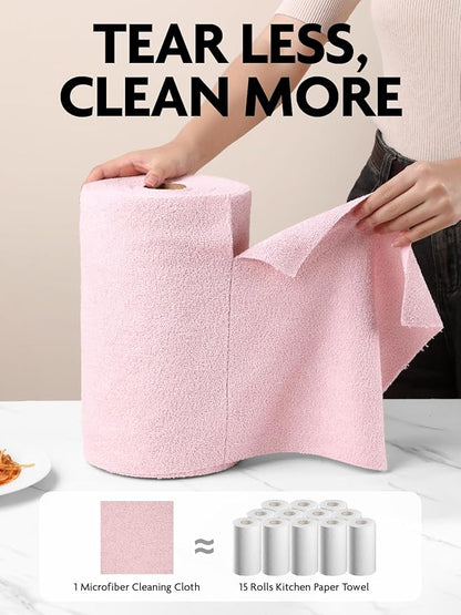 Fantasticlean Microfiber Cleaning Cloth Rolls -150 Pack, Tear Away Microfiber Towels, 12" x 12", Reusable, Washable, Ultra Absorbent Dishcloth for Home Supplies, Car, Pet, Kitchen (Pink & Lavender)