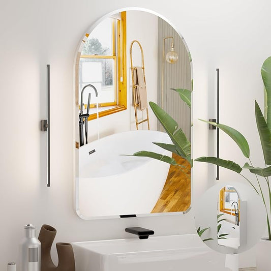 Arched Bathroom Medicine Cabinet with Mirror, No Assembly Needed, Recessed or Surface Mount Wall Storage Cabinet, Mirror Cabinet with Tissue Slot (Bevel, 31.5" L x 19.7")