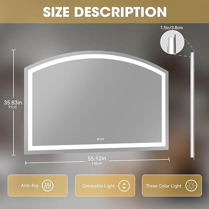 Hasipu 55" x 36" LED Bathroom Mirror Arch Vanity Mirror with Lights Frontlit Smart Touch Sensor Dimmable 3 Colors Temperature Shatterproof Wall-Mounted Vanity Mirror Metal Frame