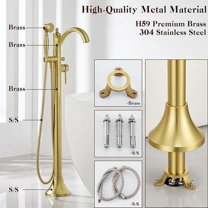 Free Standing Tub Faucet, High Flow Rate Brushed Light Gold Classic Freestanding Tub Faucets with Hand Shower Brass Floor Mount Tub Filler （WT-9002BGZZ）
