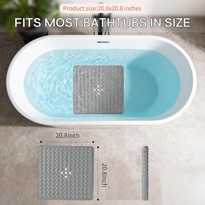Anti-Slip Bathtub Shower mat, 20.8×20.8（Approximately 53×53cm） inch Soft Oversized Machine Washable Non-Slip Bathtub mat with Drainage Holes, Bathroom Floor Suction Cup.（1-Opaque Gray）