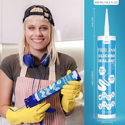 PAULINN Silicone Caulk White, 100% Silicone Sealant Waterproof for RV, Kitchen, Bath, General Use, Window, Door, Glass, Marine, 10.2 Oz, 4 Packs