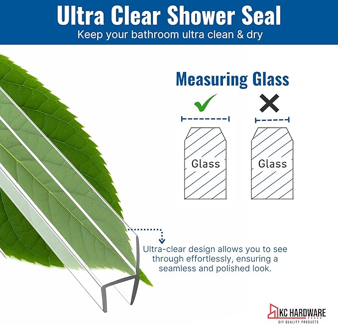 CBW Frameless Shower Door Side Seal Strip H-Type 180 Degree 72'' Length, Clear (1, 3/8'' Glass)