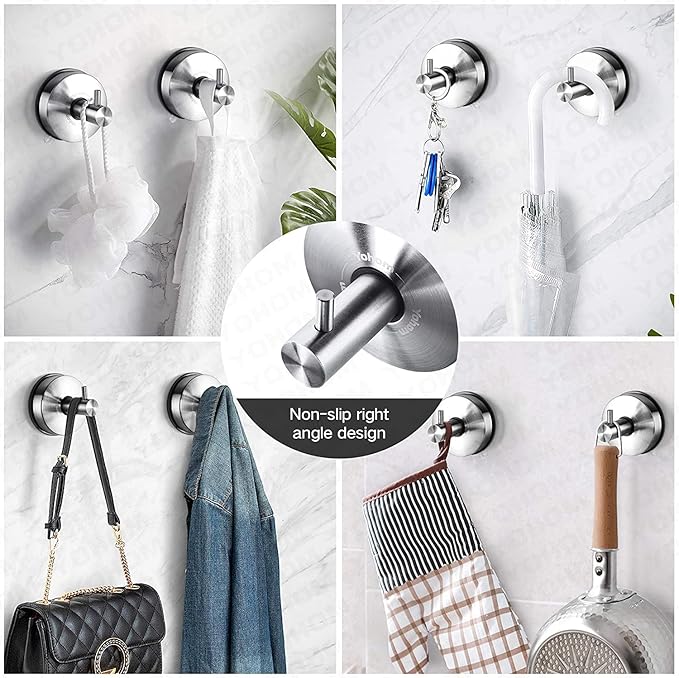 YOHOM Stainless Steel Vacuum Suction Cup Bathroom Shower Holders - Removable Towel Rack, Bathrobe and Loofah Hooks with Brushed Finish