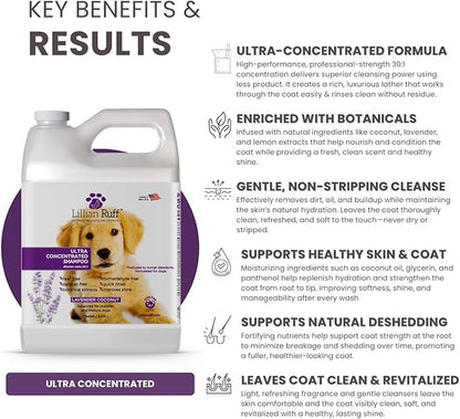 Lillian Ruff PRO Formula Ultra Concentrated Dog Shampoo – Makes 4 Gallons/30 Bottles, 30:1 Dilution, Professional Pet Shampoo for Sensitive Skin | Deodorizing & pH-Balanced Made in USA - Gallon