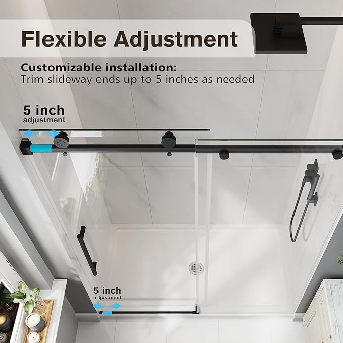 Frameless Glass Shower Door, 49-54" W x 76" H Sliding Frameless Shower Door, 1/4''(6mm) SGCC Tempered Glass,Explosion-Proof Film Nano Coating,Stainless Steel Hardware, Matte Black