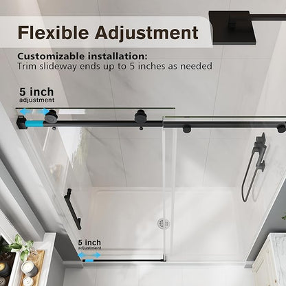 Frameless Glass Shower Door, 43-48" W x 76" H Sliding Frameless Shower Door, 1/4''(6mm) SGCC Tempered Glass, Explosion-Proof Film Nano Coating, Stainless Steel Hardware, Matte Black