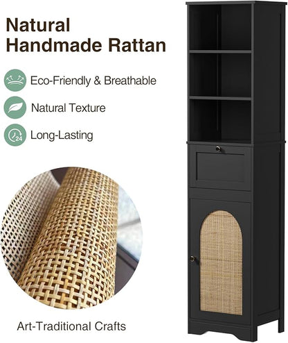 67"H Bathroom Storage Cabinet with Rattan Doors and Slide Storage, Tall Narrow Standing Tower Cabinet with Adjustable Shelves, Small Bathroom Floor Organizer for Entryway, Kitchen, Black