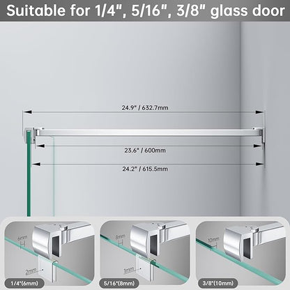 Frameless Shower Door Support Bar, Stainless Steel Wall-to-Glass Support Arm to Fixed Shower Glass Panel, for 1/4"-3/8" (6-10 mm) Door, 180° Pivot & Stow-Flat Mode (Chrome, 23.6-inch(600mm))