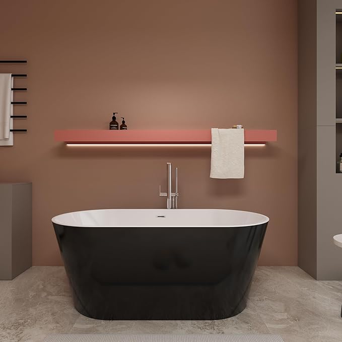 Black 59 inch Freestanding Soaking Bathtub, WHALEKING Modern Stand Alone Free Standing Acrylic Tub with Center Drain & Overflow