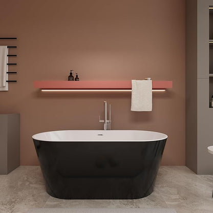 Black 67 inch Freestanding Soaking Bathtub, WHALEKING Modern Stand Alone Free Standing Acrylic Tub with Center Drain & Overflow