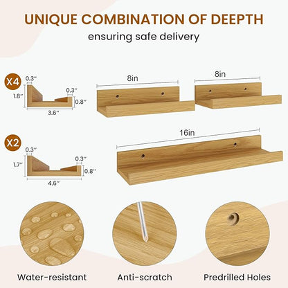 Axeman Picture Ledge Shelf, Floating Shelves for Decor Storage Set of 6, 16 inch Floating Wall Mounted Shelves, Wall Shelves with Lip for Living Room, Bedroom, Nursery, Bathroom, Kitchen, Oak
