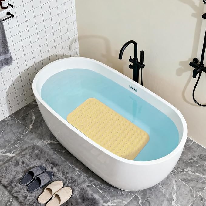 Anti-Slip Bathtub Shower mat, 27.5×14.5（Approximately 70×37cm） inch Soft Oversized Machine Washable Non-Slip Bathtub mat with Drainage Holes, Bathroom Floor Suction Cup.（1-Opaque Light Yellow）