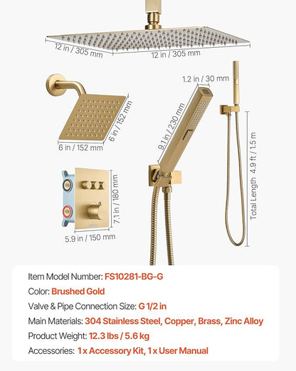 VEVOR Shower Faucet Set, 12 Inch Thermostatic Ceiling Mount Rainfall Shower System with 6 Inch Wall Mount Head and 2 in 1 Handheld Spray, 3-Function Dual Rain Head Brass Valve Trim Kit, Brushed Gold
