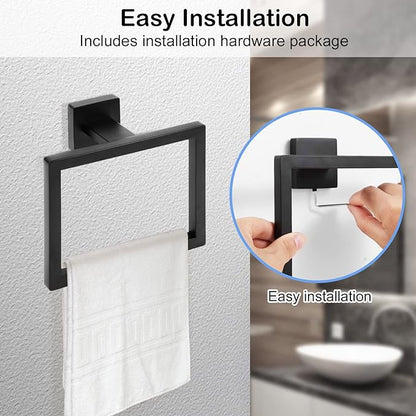 2-Piece Matte Black Square Towel Ring,Modern Hand Towel Holder for Bathroom,Stainless Steel Towel Hangers Wall-Mounted Bathroom Accessories