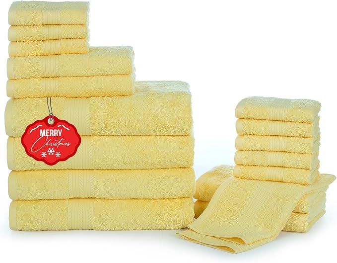 Ample Decor Bathroom Towel Set of 18-4 Hand Towel, 4 Bath Towel, 10 Wash Cloths - Oeko Tex Certified 600 GSM 100% Cotton - High Absorbency Quick Drying, Ideal for Gifting - Yellow
