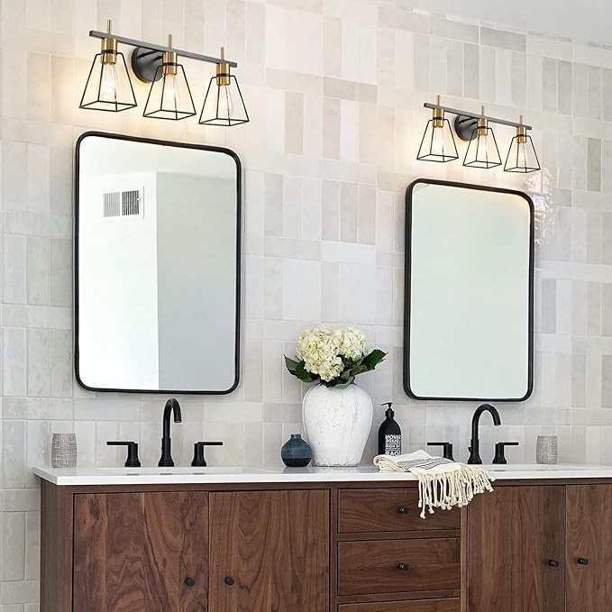 Industrial Bathroom Vanity Lights: 3-Light Black and Gold Vintage Metal Cage Wall Sconce - Rustic Farmhouse Wall Light Fixture Over Mirror Cabinet for Bedroom Living Room