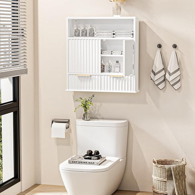 Bathroom Wall Cabinet, Wall Mounted Medicine Cabinet with Drawers, Modern Farmhouse Storage Cabinet with with Adjustable Wood Shelf & Doors for Bathroom, Kitchen, Laundry Room (White)