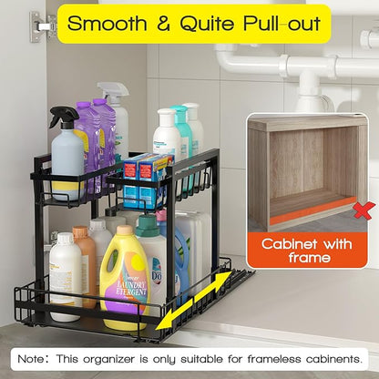 NADAMOO Expandable Under Sink Organizer 2-Tier Black Metal Storage Shelf, Adjustable Under Cabinet Organizer for Kitchen & Bathroom, Space-Saving Rack for Cleaning Supplies & Laundry Essentials