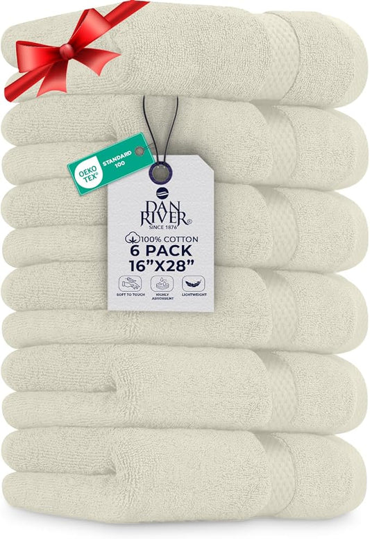 DAN RIVER 6-Pack Premium Hand Towels (16x28 Inches) - 100% Cotton, Ultra Soft, Lightweight, Highly Absorbent Towels for Bathroom, Spa, Gym, Salon, Hotel, and Travel - 550 GSM – Ivory