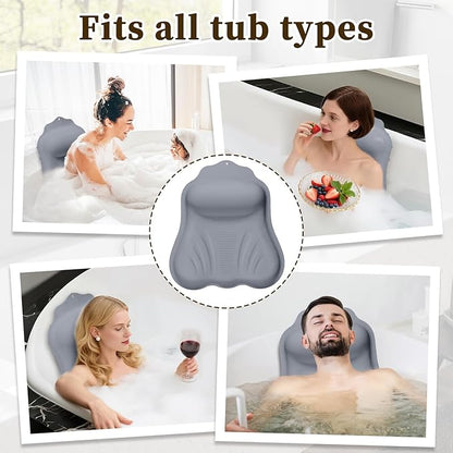 Silicone Bath Pillow for Tub Adults, 4D Air-Cushion Bathtub Pillow for Head Neck and Back Support, Non-Slip Suction Cups, Quick-Drying Waterproof Spa Pillow, Easy to Clean & Store，Gray