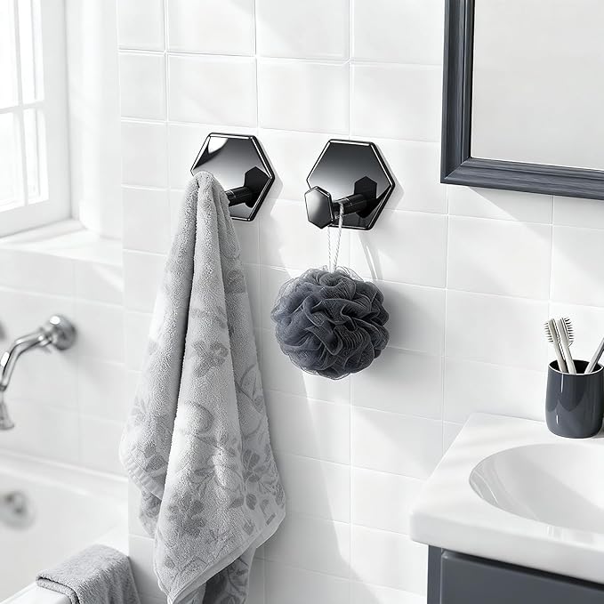 Tindbea Adhesive Towel Hooks Heavy Duty Wall Hooks Waterproof Stainless Steel Shower Rack for Coat, Key, Hat, Robe, Clothes, Picture Hanging Towel Hooks for Bathrooms Kitchen Door (2-Pack, Black)