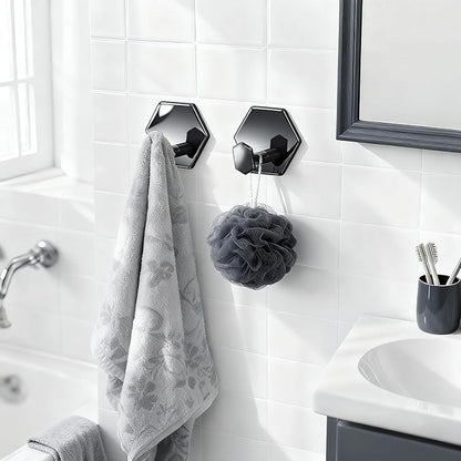 Tindbea Adhesive Towel Hooks Heavy Duty Wall Hooks Waterproof Stainless Steel Shower Rack for Coat, Key, Hat, Robe, Clothes, Picture Hanging Towel Hooks for Bathrooms Kitchen Door (2-Pack, Black)