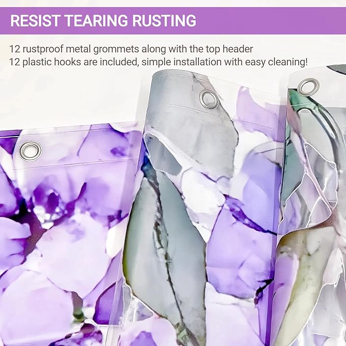Clear Purple Floral Lavender Butterfly Shower Curtain, Plastic Transparent Cute Pretty Flower Decorative Aesthetic Shower Curtains for Bathroom, 72x72 Weighted Magnetic Shower Curtain Liner with Hooks